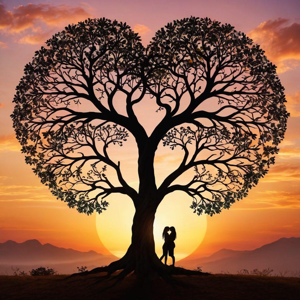 A heart-shaped tree symbolizing growth and connection, with vibrant leaves representing diverse emotions, intertwined roots depicting partnership, and a tranquil background of a sunset symbolizing harmony. Include subtle representations of couples in silhouettes, engaging in nurturing activities beneath the tree. warm colors, soft lighting, super-realistic.