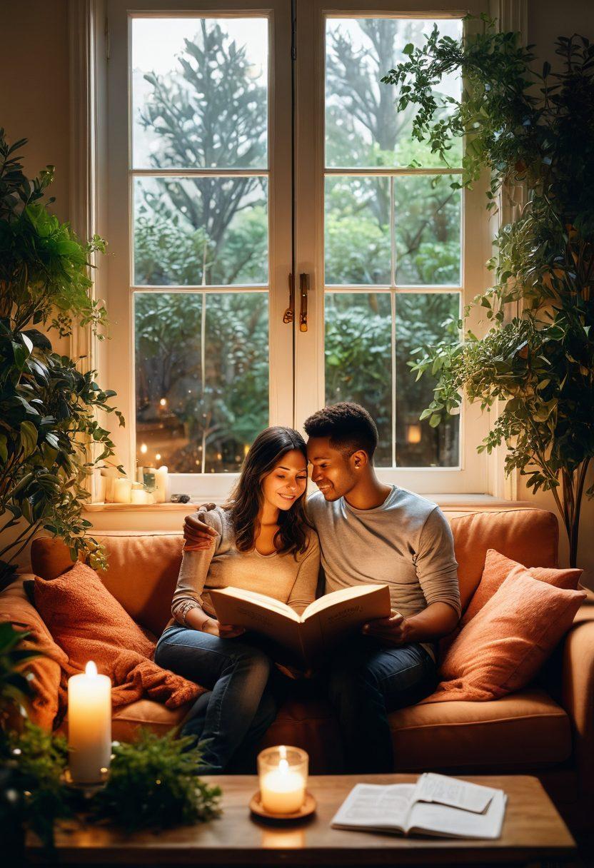 A serene couple sitting together on a cozy couch, surrounded by soft lighting and plants, reading a book titled 'Secrets to Lasting Love'. In the background, a vision board filled with love notes and goals for emotional wellness. Each person should radiate warmth and happiness, symbolizing growth in their relationship. A heart-shaped tree visible through a window represents flourishing love. super-realistic. soft lighting. warm colors.
