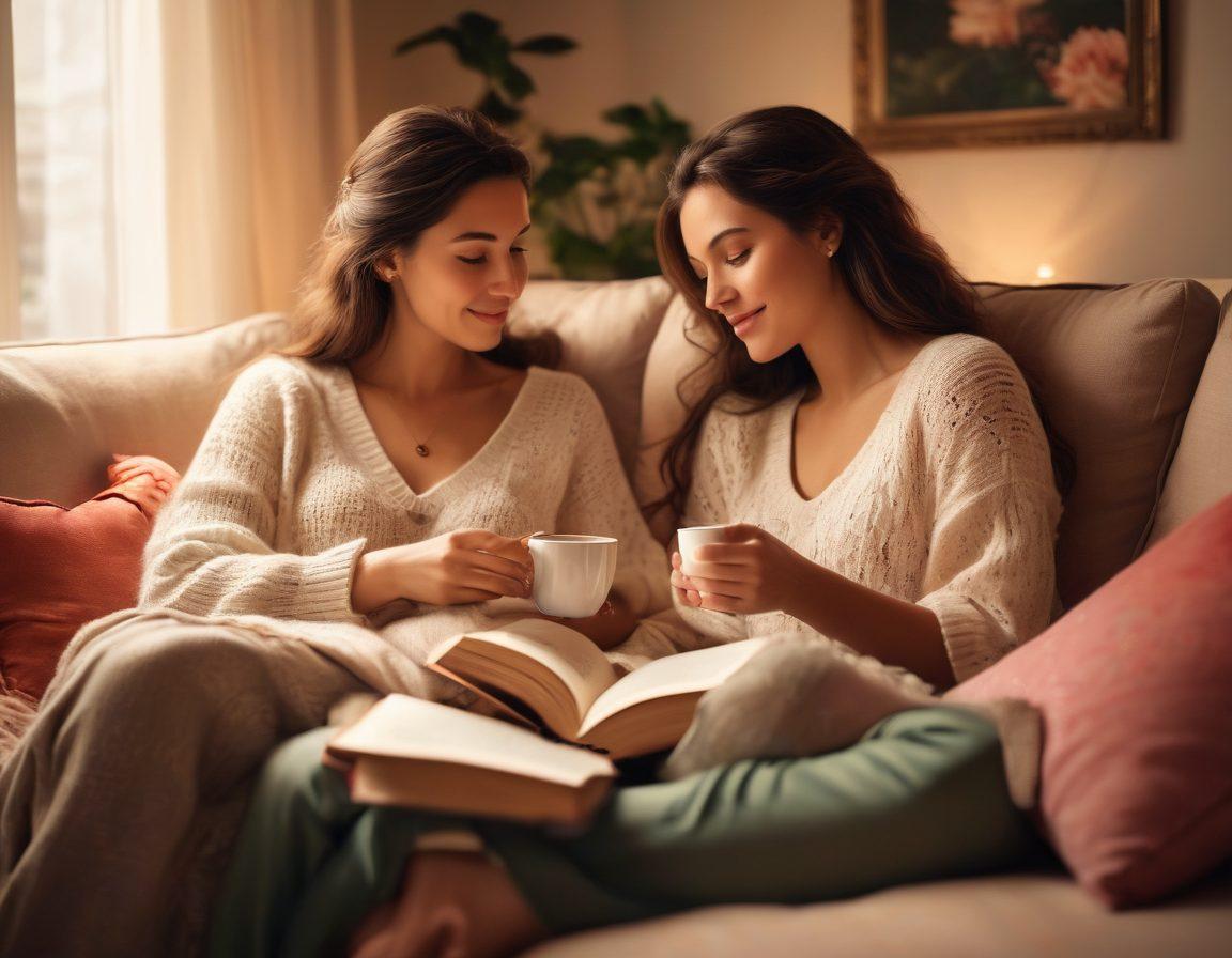 A warm and inviting scene of a couple sitting closely together on a cozy couch, sharing an intimate moment over a cup of tea, with soft lighting and soft pillows surrounding them. Heart motifs subtly incorporated in the background, complemented by elements symbolizing support like open books and a gentle, nurturing ambiance. The overall mood is romantic and comforting. super-realistic. vibrant colors. soft focus.